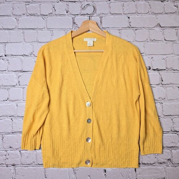 Christian Siriano Linen Blend Butter Yellow Button V-Neck Cardigan Size Medium - Picture 1 of 11